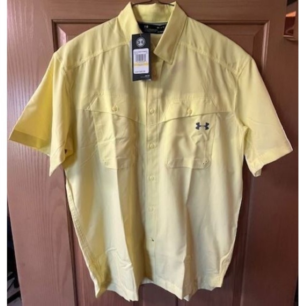 Under Armour Polo Shirt Men's Yellow Solid Short Sleeve Golf Loose Heatgear - M